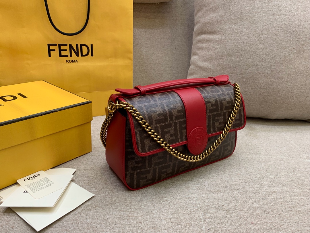 Fendi 芬迪现货 双面手提包 金属 F 图案 肩背斜跨手提 布压制对版面料 饰有棕色 FF 主题图 27x16x8cm-洋洋名品_高仿奢侈品包包 Fendi 芬迪现货 双面手提包 金属 F 图案 肩背斜跨手提 布压制对版面料 饰有棕色 FF 主题图 27x16x8cm