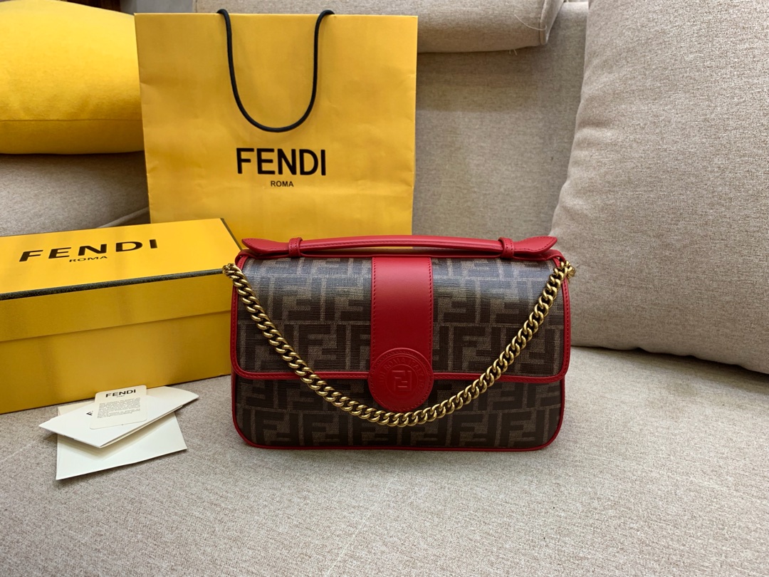 Fendi 芬迪现货 双面手提包 金属 F 图案 肩背斜跨手提 布压制对版面料 饰有棕色 FF 主题图 27x16x8cm-洋洋名品_高仿奢侈品包包 Fendi 芬迪现货 双面手提包 金属 F 图案 肩背斜跨手提 布压制对版面料 饰有棕色 FF 主题图 27x16x8cm