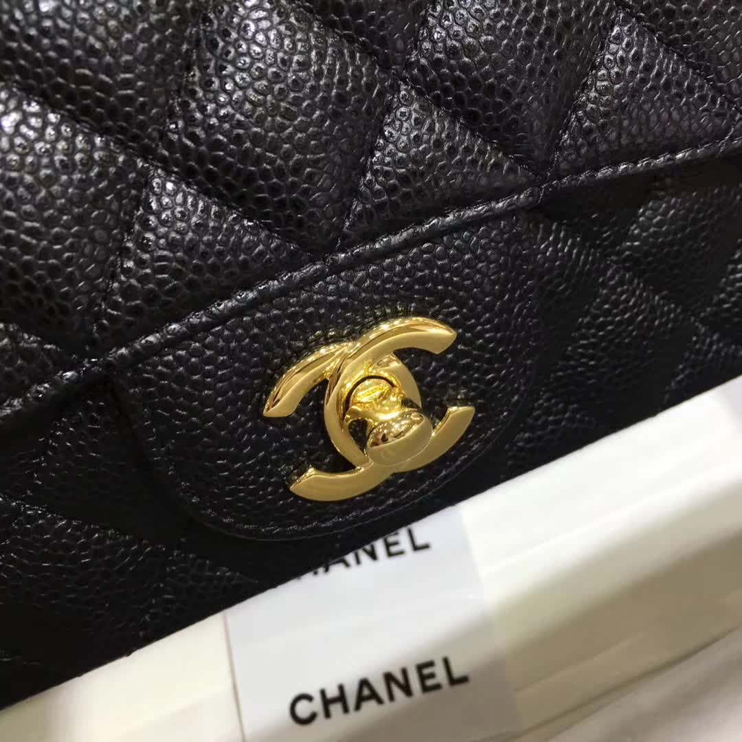 Chanel Classic Flap 鱼子酱 黑色 20cm 车边 金扣