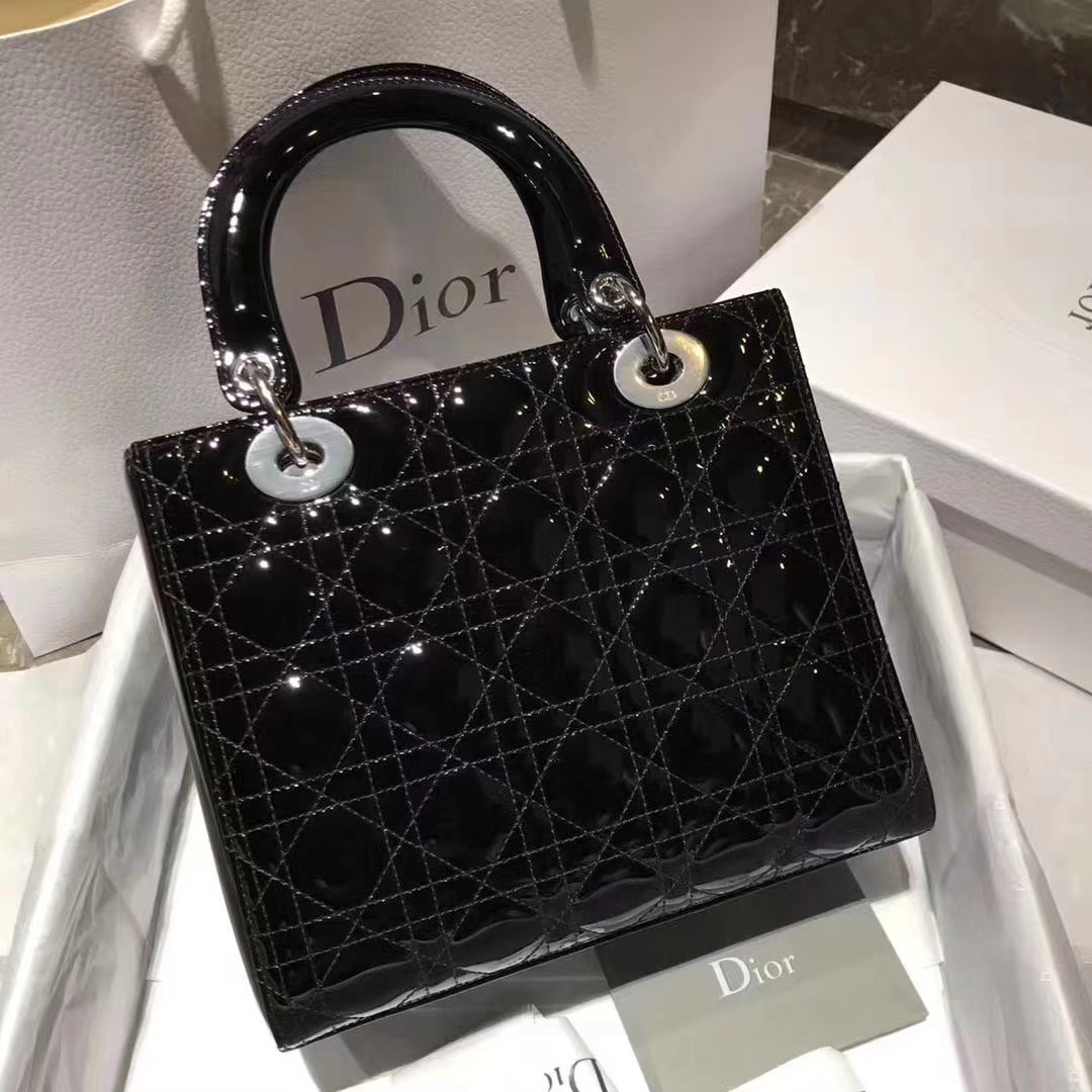 Dior 迪奥 戴妃包 Lady Dior 戴妃5格 银扣 进口漆皮 经典黑  