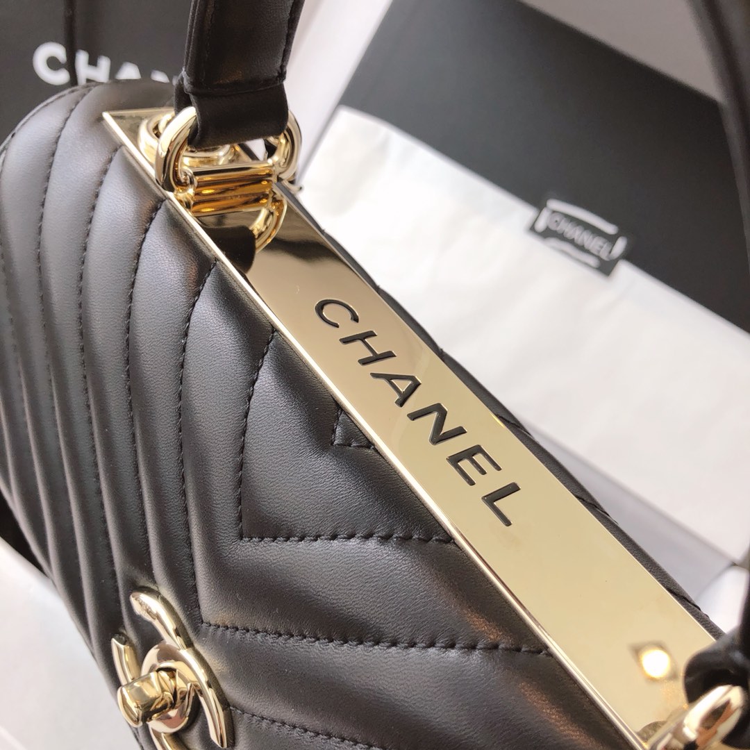 Chanel 香奈儿 Trendy CC 小羊皮 黑色V纹 25cm 香槟金 现货
