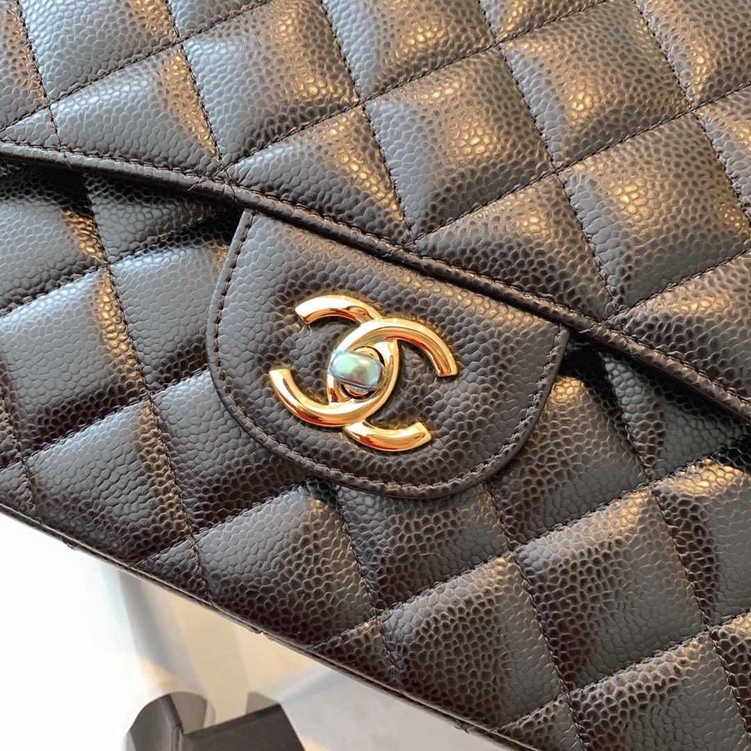 【正品级】经典黑色金扣 Chanel CF 法国原厂Haas球纹鱼子酱牛皮 30cm