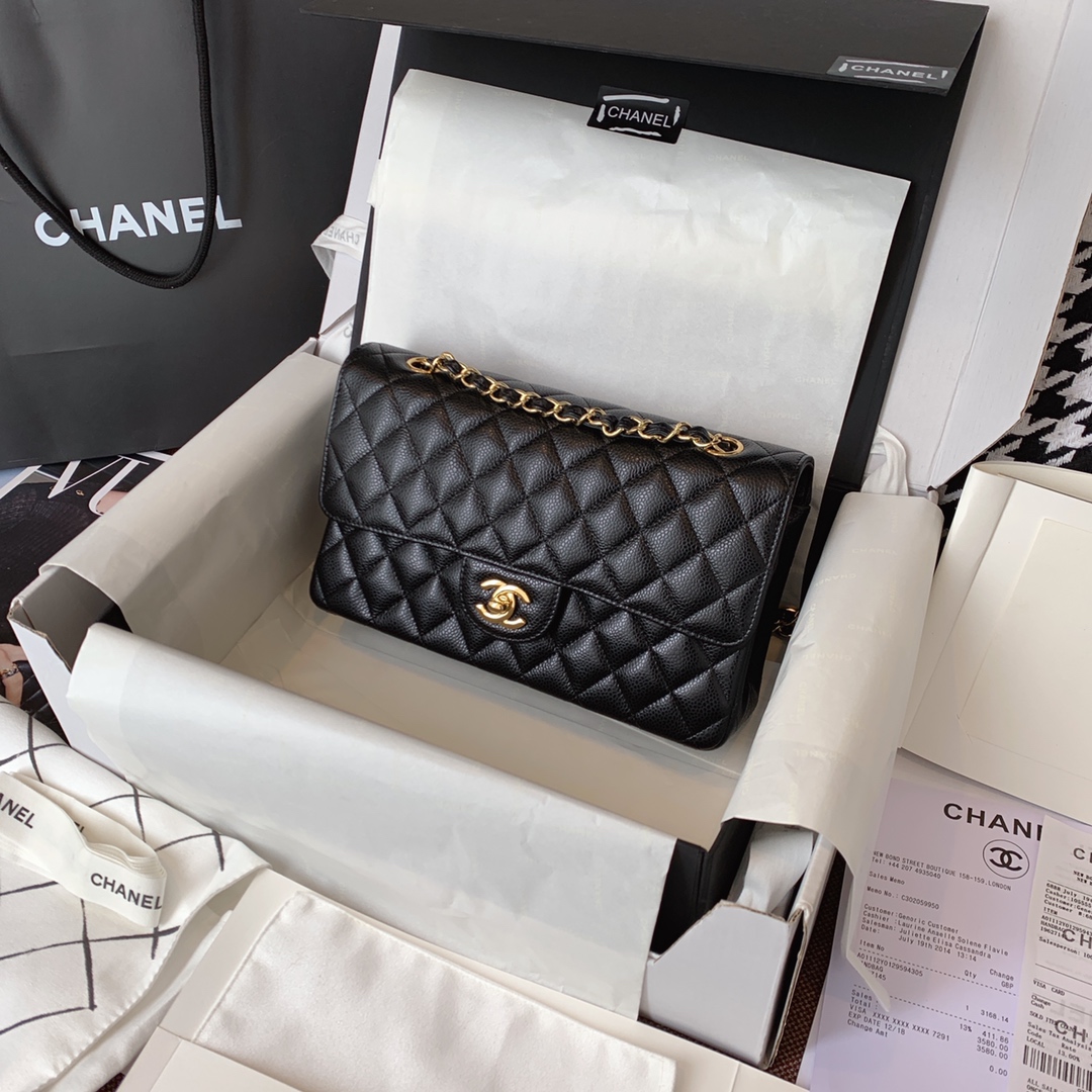 【正品级】黑色 金扣 Chanel CF 法国原厂Haas球纹鱼子酱牛皮 25cm 原厂皮