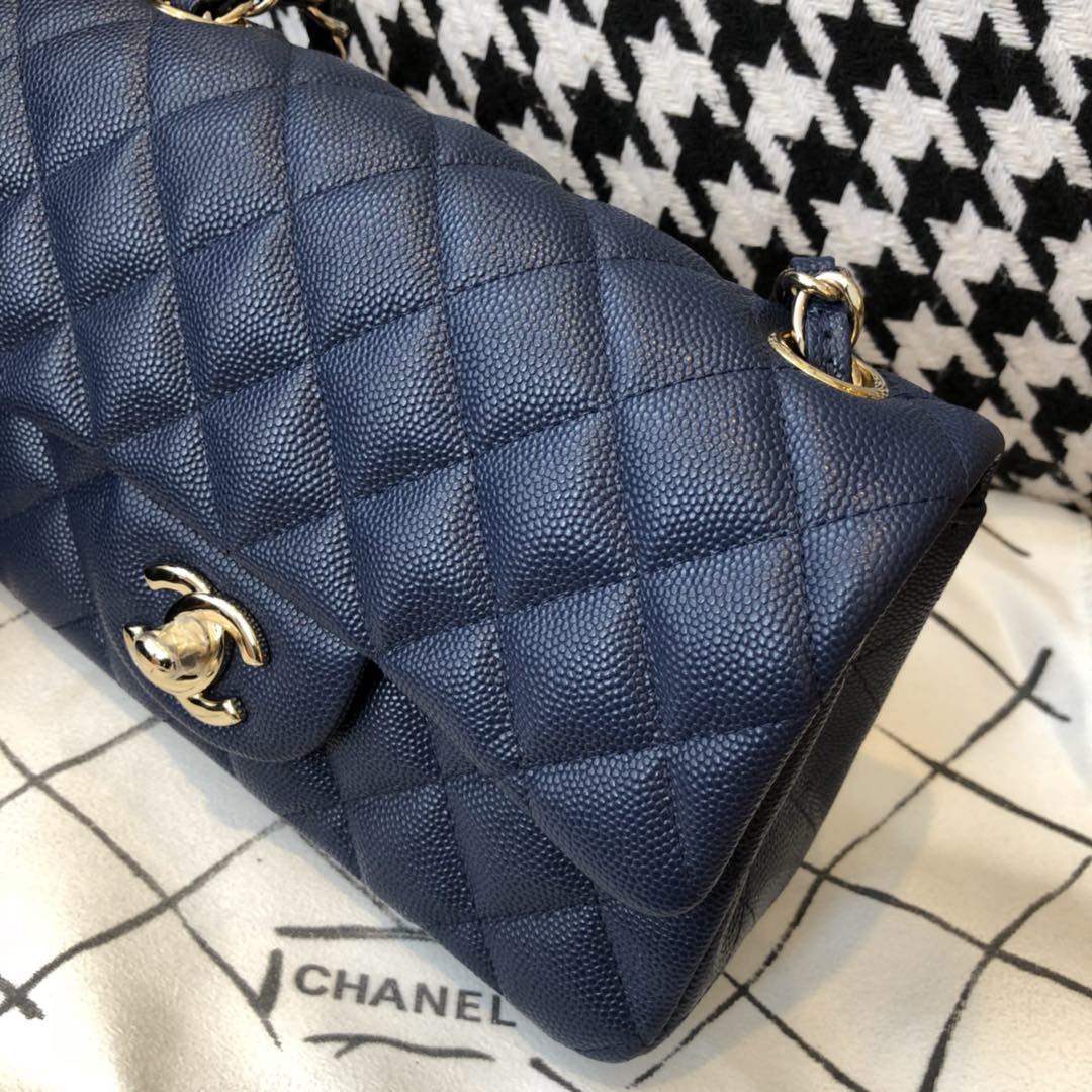 【正品级】 Chanel CF 法国原厂Haas球纹小鱼子酱牛皮 20cm 海军蓝—香金扣